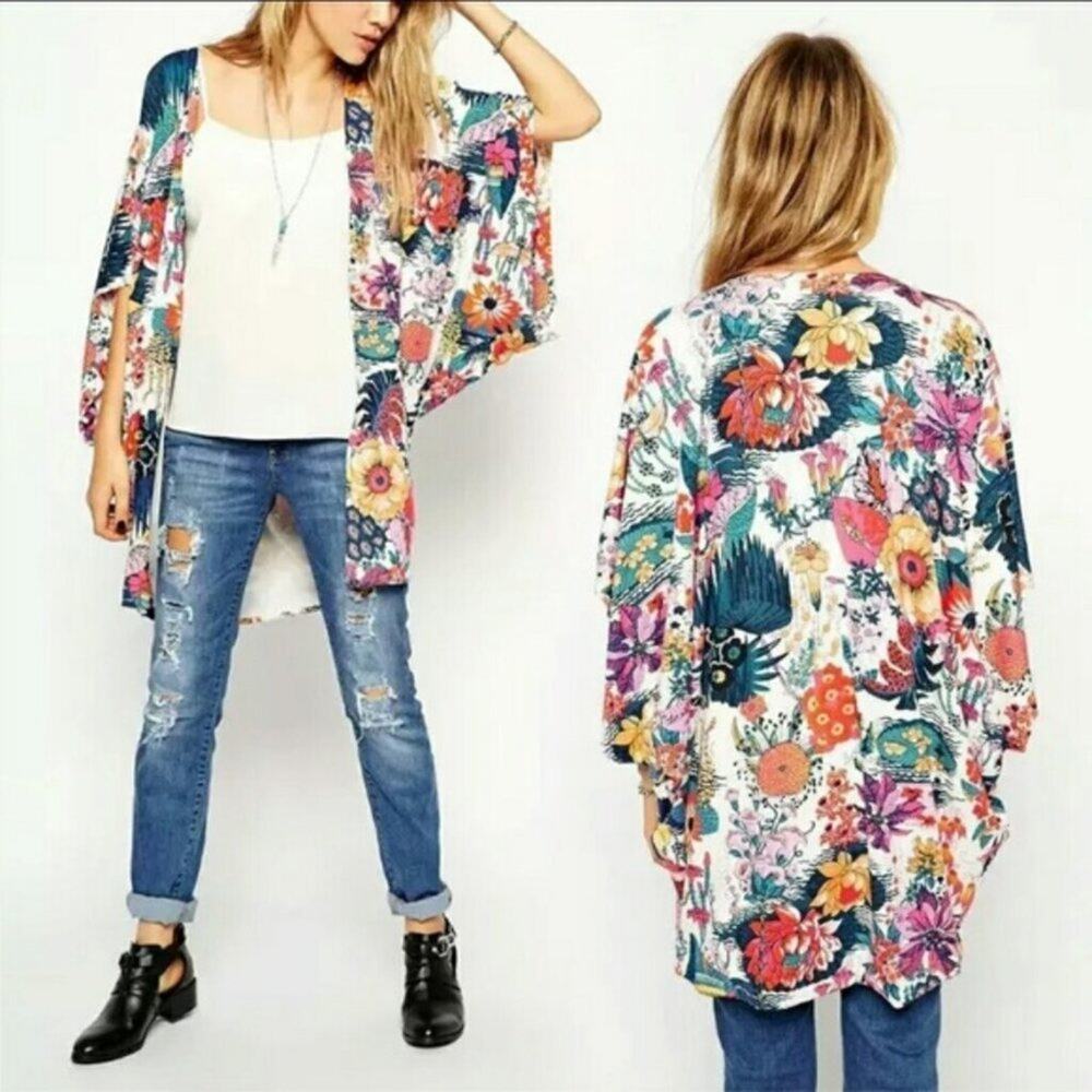 Sheer Lightweight Hippie-Chic Floral Print Kimono-Style Wrap Size Large 🌼🍃🌸